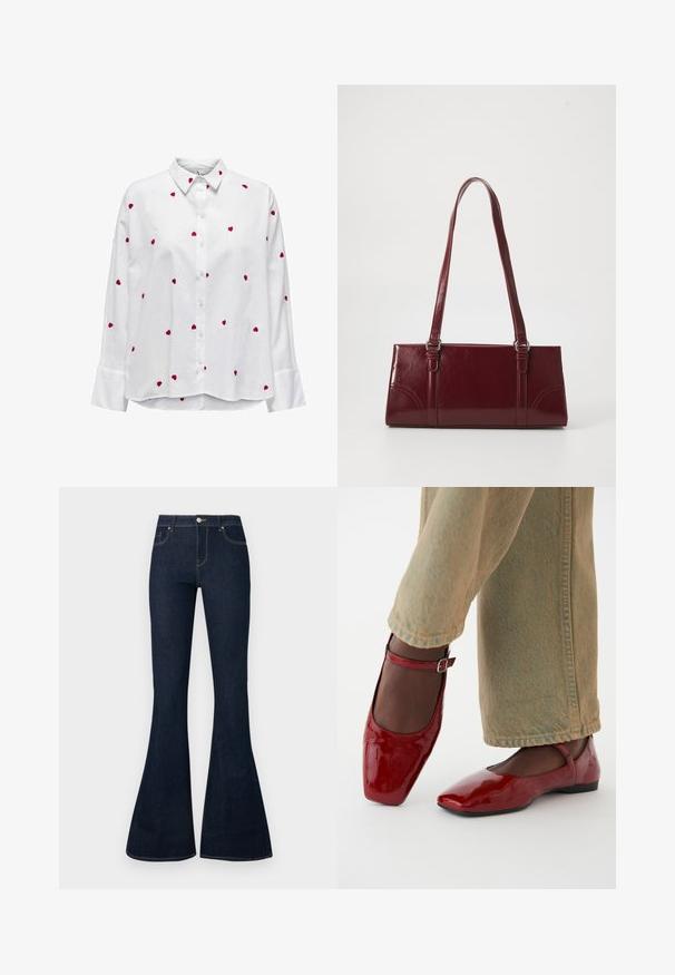 Hvid skjorte med lange ærmer og klassisk krave, med røde hjertebroderier spredt over stoffet. Knappelukning foran og manchetter.; Mørkeblå højtaljede denimjeans med flagrende ben, frontknap og lynlås samt fem-lomme design.; Røde patentlæder sko med firkantet tå, lav hæl og ankelrem, parret med lysegrønne vide bukser. Glat tekstur, reflekterende overflade.; Bordeaux håndtaske lavet af glansfuldt materiale, rektangulær form, med to skulderremme og subtile buede detaljer på forsiden.
