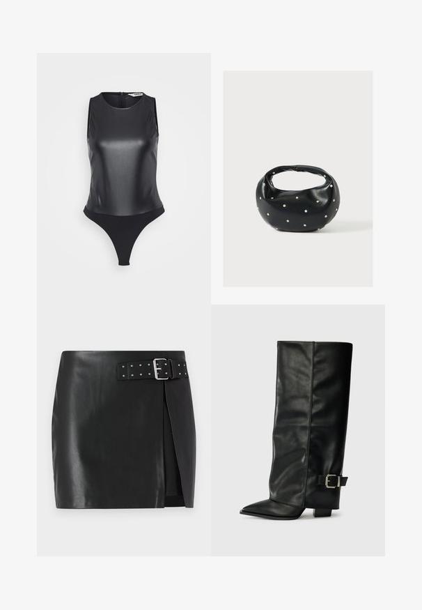 Bodysuit sin mangas negro hecho de material brillante, con cuello alto, espalda completa y diseño de tanga para una silueta estilizada.; Minifalda de piel sintética negra con cinturón ajustable que presenta una hebilla de plata y detalles de tachuelas, diseño de envoltura frontal y textura suave.; Botas de cuero negro hasta el tobillo con punta afilada, textura suave y un detalle de hebilla plateada en el lado. Tacón cuadrado grueso.; Bolso de mano de cuero negro con forma redondeada, decorado con detalles de tachuelas plateadas y un asa corta. Textura lisa y cierre con cremallera.