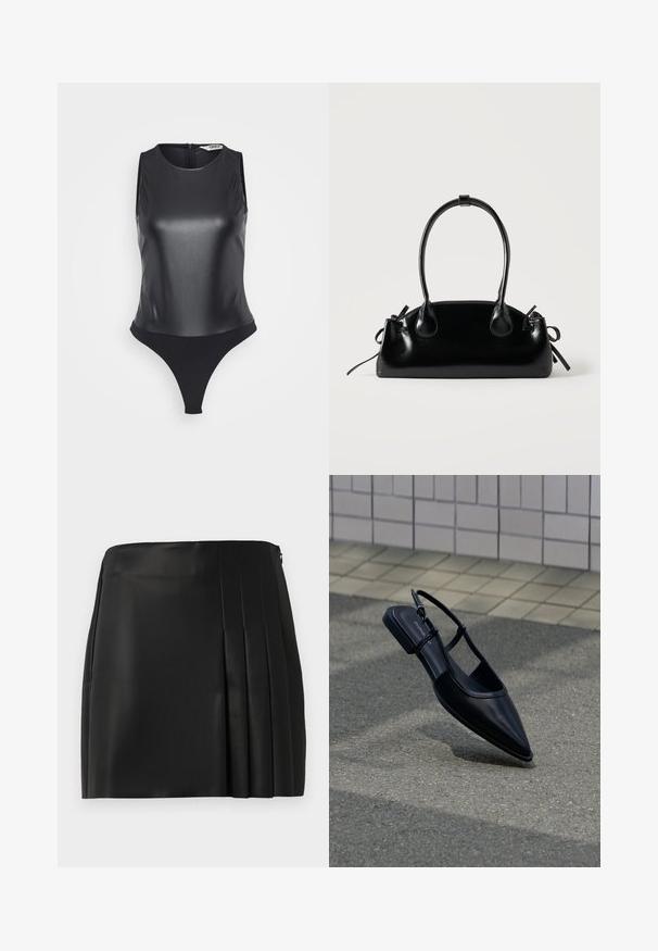 Bodysuit sans manches noir en matériau brillant, avec un col haut, un dos plein et un design de bas en string pour une silhouette élégante.; Jupe mini en faux cuir noir avec un devant lisse et des plis sur le côté droit, équipée d'une fermeture éclair au dos.; Chaussure plate noire à bout pointu avec bride arrière, flottant au-dessus d'une surface en bitume à côté d'un trottoir carrelé.; Petit sac à main noir brillant avec deux longues anses et des détails à cordon sur les côtés sur un fond clair uni.