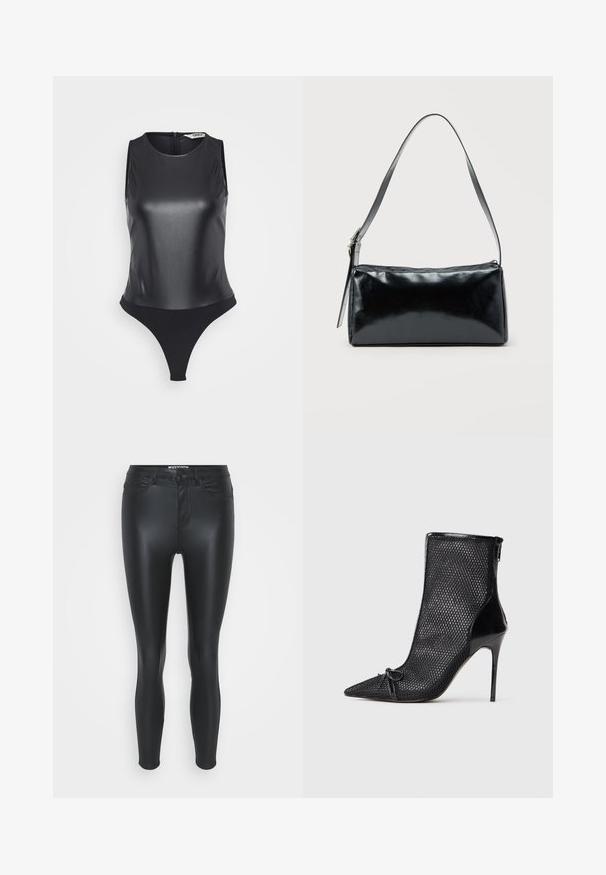 Bodysuit sin mangas negro hecho de material brillante, con cuello alto, espalda completa y diseño de tanga para una silueta estilizada.; Leggings de imitación piel negra con un diseño ajustado, estilo de cinco bolsillos y una textura suave y brillante. Contiene cierre frontal con cremallera y botón.; Botín de malla negra hasta el tobillo con punta afilada, tacón de aguja y detalle de lazo decorativo en la parte delantera. Presenta un acabado brillante en el tacón y la cremallera.; Bolso de hombro rectangular negro con una correa ajustable y un cierre de cremallera superior sobre un fondo liso.