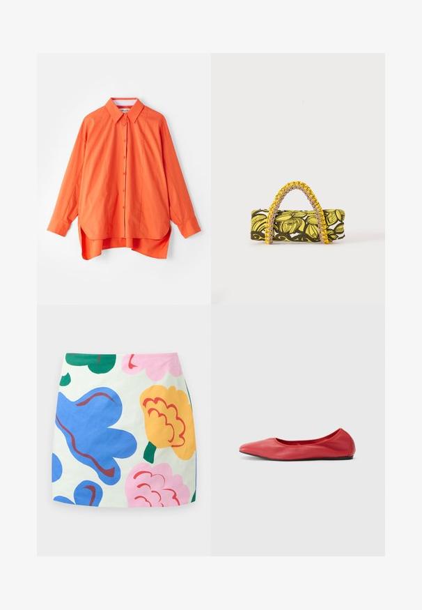 Oranje overhemd met knopen, met een kraag, lange mouwen en een licht gebogen zoom. Gemaakt van een soepele stof met een relaxte pasvorm.; Rok met grote abstracte bloemenprint in blauw, geel, roze en groen op een witte achtergrond.; Filippa K REY FLATS - Ballerina's - bright red; Rechthoekige tas met geel-zwart bloemenpatroon en gevlochten geel-roze handvat op witte achtergrond.