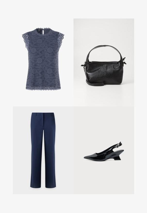 Blouse sans manches en dentelle bleu marine avec motifs floraux, bords festonnés aux manches et à l'ourlet, et une petite fermeture à bouton dans le dos.; Pantalon bleu marine à jambes droites avec passants de ceinture et fermeture avant dissimulée, présenté sur un fond clair.; Chaussure slingback en cuir verni noir avec bout pointu et petit talon bloc incliné sur fond clair uni.; Sac à main en cuir noir au design structuré, avec une poignée arrondie et une bandoulière amovible. Présente une texture lisse et un éclat subtil.