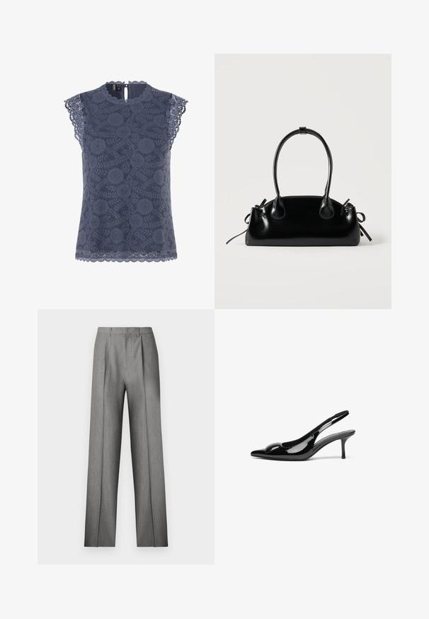 Blouse sans manches en dentelle bleu marine avec motifs floraux, bords festonnés aux manches et à l'ourlet, et une petite fermeture à bouton dans le dos.; Pantalon gris sur mesure avec un devant plissé, une coupe droite et une texture subtile. Il présente une taille avec passants pour ceinture et aucune poche visible.; Escarpins slingback en cuir verni noir avec un bout pointu et une finition brillante. Présente un talon fin et un accent arrondi au dessus du pied.; Petit sac à main noir brillant avec deux longues anses et des détails à cordon sur les côtés sur un fond clair uni.