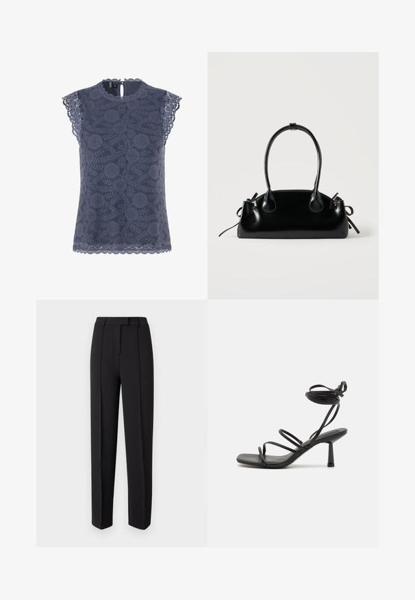 Blouse sans manches en dentelle bleu marine avec motifs floraux, bords festonnés aux manches et à l'ourlet, et une petite fermeture à bouton dans le dos.; Pantalon noir taillé avec une texture lisse, présentant une coupe droite, des passants pour ceinture et deux plis avant pour plus de détails.; Sandale noire à lanières avec un bout carré, des liens de cheville réglables et un talon carré fin. Fabriquée en un matériau lisse et durable.; Petit sac à main noir brillant avec deux longues anses et des détails à cordon sur les côtés sur un fond clair uni.