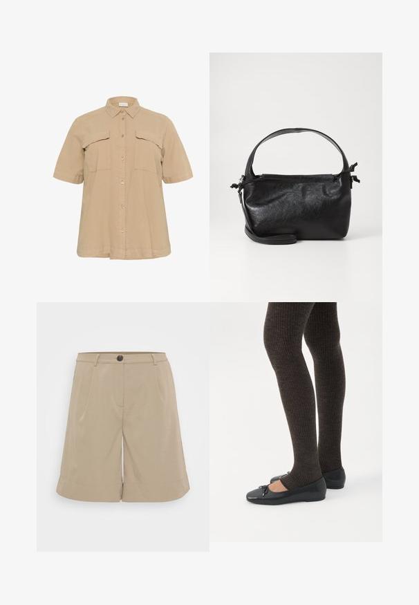 Chemise beige à manches courtes avec col, deux poches poitrine, fermeture à boutons et ourlet droit. Fabriquée en tissu doux et léger.; Shorts kaki en tissu léger, avec un devant plat, des plis, une fermeture à bouton et des ourlets roulés. Design simple et ajusté.; Jambes portant des leggings côtelés foncés associés à des ballerines noires avec de petits détails en nœud sur fond blanc.; Sac à main en cuir noir au design structuré, avec une poignée arrondie et une bandoulière amovible. Présente une texture lisse et un éclat subtil.