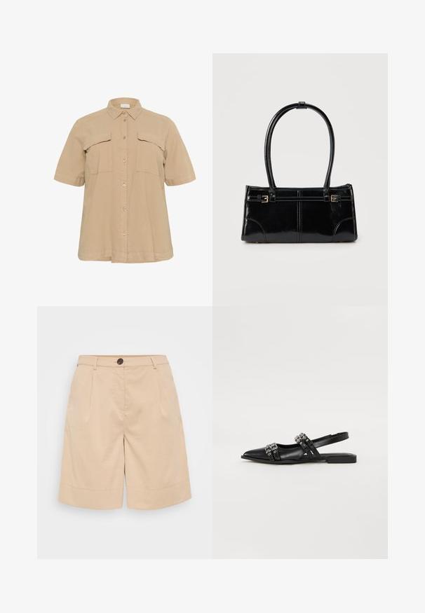 Chemise beige à manches courtes avec col, deux poches poitrine, fermeture à boutons et ourlet droit. Fabriquée en tissu doux et léger.; Shorts en coton beige au design ajusté, avec une fermeture à bouton, des plis sur le devant et un ourlet retroussé pour plus de détails et de structure.; Even&Odd by Zalando Ballerines à brides arrière - black; Sac à main rectangulaire noir brillant avec deux fines bretelles et petits détails de boucles dorées à l'avant.
