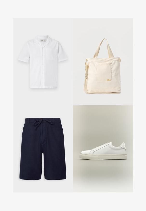 Camisa blanca de botones de manga corta con un bolsillo, que presenta una tela texturizada y un diseño de cuello relajado.; Pantalones cortos azul marino hechos de una tela ligera, con cintura ajustable, cierre de botón y bolsillos laterales. Textura suave y corte entallado.; Zapatilla blanca de perfil bajo con cordones en la parte delantera y suela gruesa, mostrada de lado sobre un fondo neutro.; Bolsa tote de lona color crema con bolsillo delantero, dos asas, correa de hombro ajustable y pequeño texto amarillo "O.N.S" en la parte inferior derecha del bolsillo.