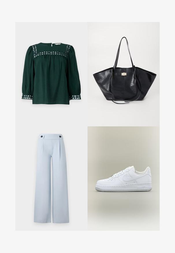Blusa verde oscuro con mangas largas abullonadas, tejido texturizado y recortes decorativos en el canesú y los puños. Cierre trasero con abertura en forma de llave.; Pantalones de pierna ancha en azul claro con frente plano, pliegues y dos botones negros en la cintura. Fabricados en una tela suave con un acabado limpio.; Zapatilla Nike Air Force 1 blanca de caña baja con cordones, puntera perforada y suela de goma texturizada sobre fondo neutro.; Bolso tote negro con un patrón de cocodrilo, textura suave, doble asa para el hombro y un detalle central en tono dorado.