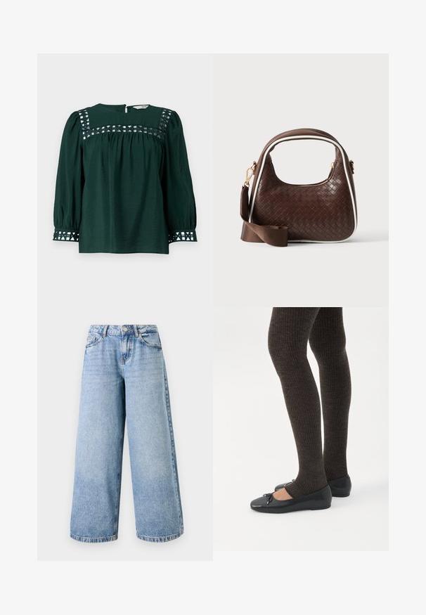 Mørkegrøn bluse med lange pufærmer, tekstureret stof og dekorative udskæringer på yoken og manchetterne. Nøglehulslukning i ryggen.; Lyseblå bredbenede jeans lavet af denim, med høj talje, lynlås og fem lomme-design. Syninger er synlige langs benene.; Ben iført mørke ribbede leggings kombineret med sorte balletsko med små sløjfedetaljer på hvid baggrund.; Brun vævet læderhåndtaske med hvid piping, guldfarvet lynlås og aftagelig brun stofskulderrem.