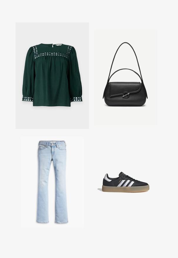 Blusa verde oscuro con mangas largas abullonadas, tejido texturizado y recortes decorativos en el canesú y los puños. Cierre trasero con abertura en forma de llave.; Vaqueros de denim azul claro con cintura ajustada, botón y cremallera en la parte delantera, bolsillos delanteros y traseros, y piernas ligeramente acampanadas.; Zapatilla deportiva de cuero negro con tres rayas plateadas, punta texturizada y suela de goma. Cuenta con un collar acolchado y un diseño con cordones.; Bolso de cuero negro con bordes redondeados, solapa asimétrica, cierre circular de metal y correas de hombro cortas y largas.