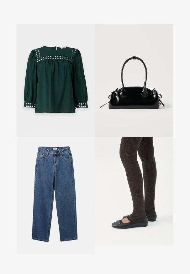 Mørkegrøn bluse med lange pufærmer, tekstureret stof og dekorative udskæringer på yoken og manchetterne. Nøglehulslukning i ryggen.; Klassiske blå denimbukser med lige ben, fem lommer og knaplukning. Har en medium vask og en robust tekstur.; Ben iført mørke ribbede leggings kombineret med sorte balletsko med små sløjfedetaljer på hvid baggrund.; Lille sort blank håndtaske med to lange håndtag og snøre-detaljer i siden på en ensfarvet lys baggrund.
