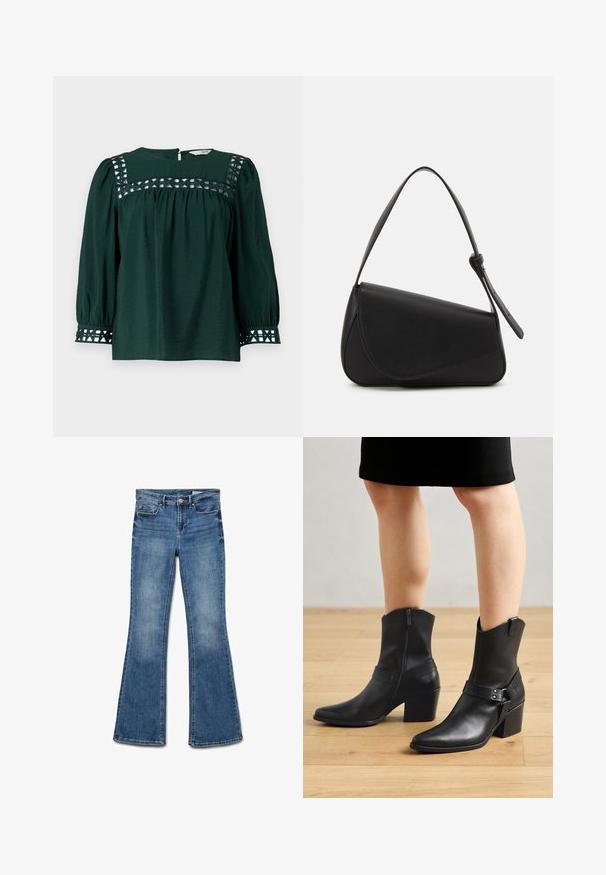 Blusa verde oscuro con mangas largas abullonadas, tejido texturizado y recortes decorativos en el canesú y los puños. Cierre trasero con abertura en forma de llave.; Vaqueros de mezclilla azul acampanados con cintura de media altura, con un acabado limpio, textura desgastada y diseño tradicional de cinco bolsillos.; Botines de cuero negro con punta afilada, cierre de cremallera, tacón curvado y una correa decorativa con detalles metálicos.; Bolso de mano de cuero negro con forma triangular, tapa en ángulo y un asa superior redondeada. Presenta una textura suave y detalles de diseño minimalistas.