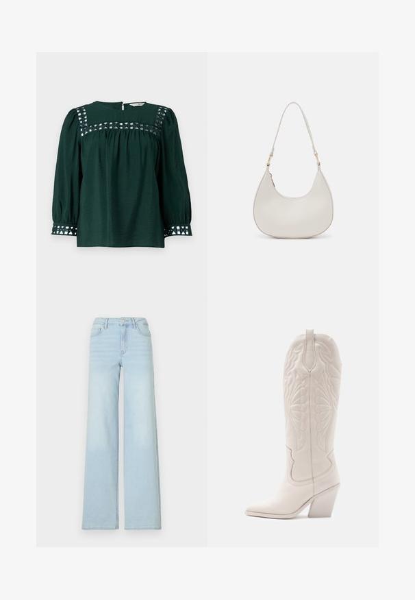 Blusa verde oscuro con mangas largas abullonadas, tejido texturizado y recortes decorativos en el canesú y los puños. Cierre trasero con abertura en forma de llave.; Vaqueros de pierna ancha de un azul claro, confeccionados en denim, con un diseño clásico de cinco bolsillos y cierre frontal con botón. Presentan un leve desvanecimiento en la parte delantera.; Bota vaquera de cuero blanco con punta afilada y tacón bloqueado. Presenta patrones de costura intrincados en el caña y una textura suave.; Bolso de hombro de cuero crema con forma de media luna, correa delgada y sutil detalle de costuras. Diseño minimalista con acentos de hardware en tono dorado.