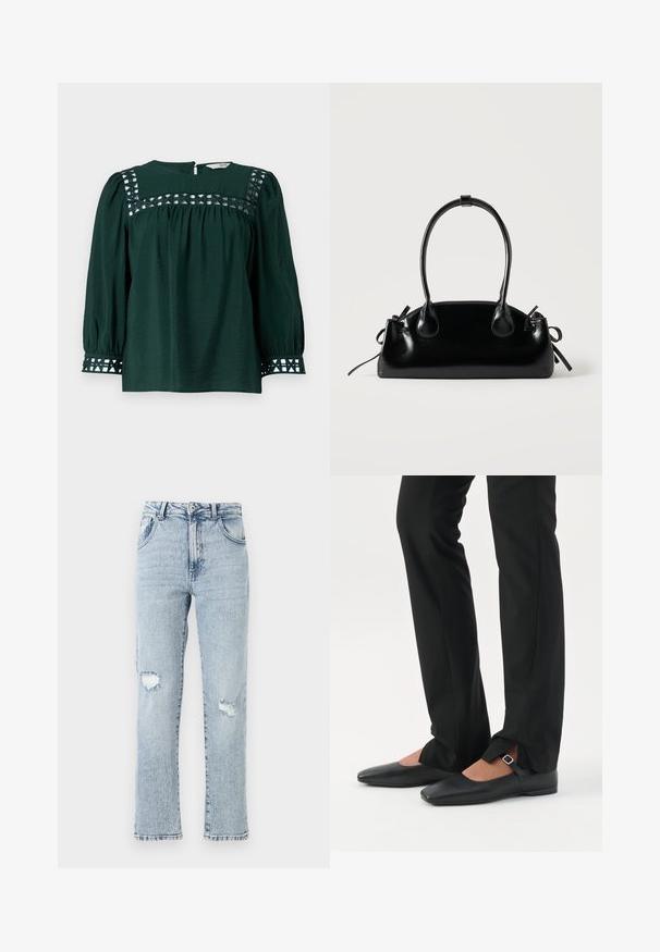 Mørkegrøn bluse med lange pufærmer, tekstureret stof og dekorative udskæringer på yoken og manchetterne. Nøglehulslukning i ryggen.; Lysblå denimjeans med en afslappet pasform, der har to knærevner, fem lommer og en frynset kant. Knap- og lynlåslukning.; Ben iført sorte smalle bukser med forreste slidser ved kanten, parret med sorte flade Mary Jane-sko med lille spænde.; Lille sort blank håndtaske med to lange håndtag og snøre-detaljer i siden på en ensfarvet lys baggrund.