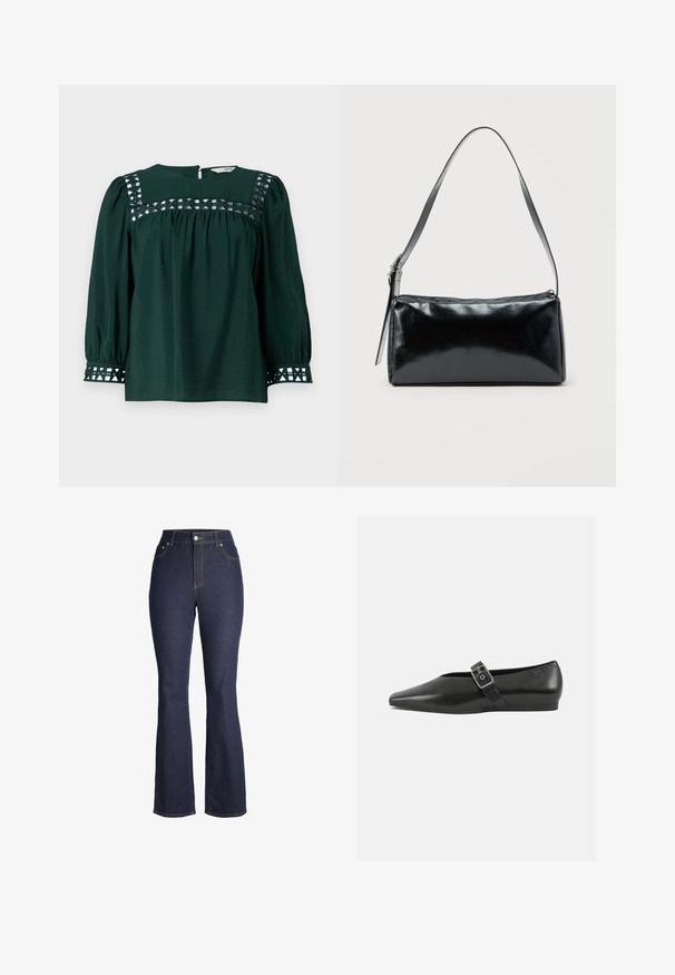 Mørkegrøn bluse med lange pufærmer, tekstureret stof og dekorative udskæringer på yoken og manchetterne. Nøglehulslukning i ryggen.; Mørkeblå højhellige denim jeans med knap og lynlås foran, forlommer og let udvidede ben.; Sorte læder flade sko med spidse tæer, prydet med en metallisk spænde over vristen og en lav, fleksibel sål.; Sort rektangulær skuldertaske med en enkelt justerbar rem og lynlås i toppen på en ensfarvet baggrund.