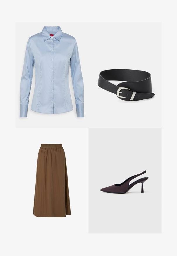 Lichtblauw button-up shirt van gladde stof, met een klassieke kraag, lange mouwen en een rechte pasvorm met subtiele stikseldetails.; Bruine maxi-rok gemaakt van lichtgewicht stof, met een elastische tailleband, een vloeiend ontwerp en een subtiele textuur. Geen zichtbare patronen of accenten.; Slingback schoenen met hak in donkerpaarse stof. Spits toelopend ontwerp, open zijkanten en een slanke, vierkante hak. Soepele textuur.; Zwarte leren riem met een vlak ontwerp, voorzien van een zilverkleurige metalen gesp en verstelbare gaten om vast te maken. Soepele textuur en geen zichtbare patronen.