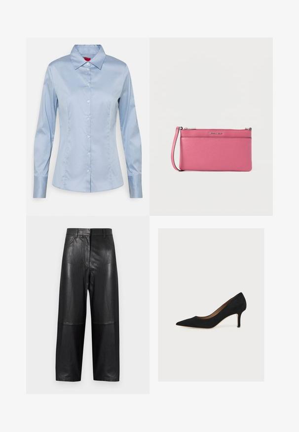 Lichtblauw button-up shirt van gladde stof, met een klassieke kraag, lange mouwen en een rechte pasvorm met subtiele stikseldetails.; Zwarte leren broek met wijde pijpen, voorzien van een gladde textuur en naaddetails. Tailleband en zakken zichtbaar.; Zwarte suède pump met puntige neus, middenhoge naaldhak en tan binnenzool op een lichte achtergrond.; Roze leren clutch met een gestructureerde afwerking, voorzien van een ritssluiting en een polsbandje. Heeft een zilveren logo aan de voorkant.