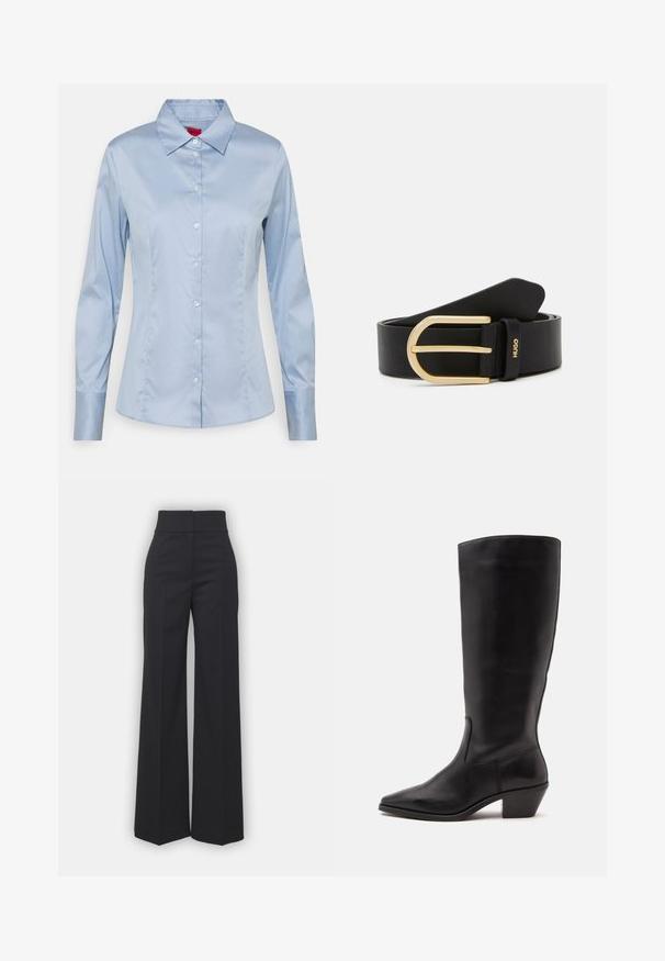 Lichtblauw button-up shirt van gladde stof, met een klassieke kraag, lange mouwen en een rechte pasvorm met subtiele stikseldetails.; Wijdvallende broek in zwarte stof met een hoge tailleband, met een schone afwerking en een gladde textuur. Geen zichtbare hardware of patronen.; Zwarte leren laars tot half op de kuit met een puntige neus en een lage schuine hak op een effen lichte achtergrond.; Zwarte leren riem met een glanzende gouden metalen gesp, een gladde textuur en een merkaanduiding met "HUGO" op de riemhouder.