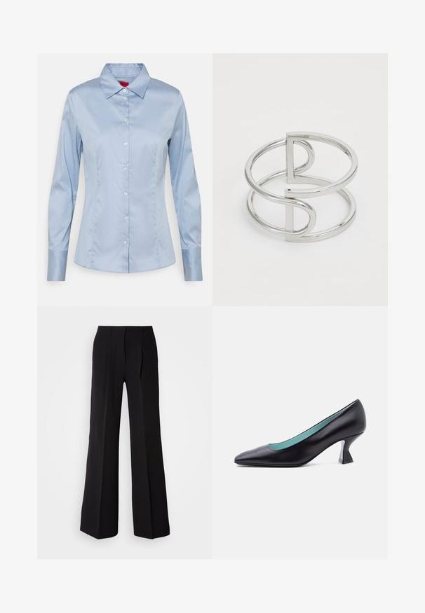 Lichtblauw button-up shirt van gladde stof, met een klassieke kraag, lange mouwen en een rechte pasvorm met subtiele stikseldetails.; Zwarte broeken van soepele stof, met een hoge taille, wijde pijpen en twee plooien aan de voorkant voor extra ontwerpelementen.; Zwart leren pumps met een spitse neus, een lage, uniek gevormde blokhak en een lichtblauwe binnenvoering, afgebeeld tegen een effen witte achtergrond.; Zilveren metalen armband met een dubbel-lusontwerp, voorzien van een gladde, glanzende afwerking en een minimalistisch geometrisch accent.