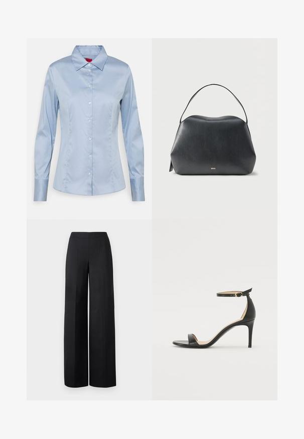 Lichtblauw button-up shirt van gladde stof, met een klassieke kraag, lange mouwen en een rechte pasvorm met subtiele stikseldetails.; Zwarte wijde broeken van een gladde stof. Heeft een hoge tailleband en schone, rechte lijnen zonder zichtbare zakken of versieringen.; Zwarte leren hoge hak sandaal met enkelbandje. Heeft een gladde textuur, open teen en een dunne hak. Gouden gesp detail.; Zwarte leren handtas met enkele band en klein gouden "BOSS"-logo aan de voorkant, tegen een effen lichtgrijze achtergrond.