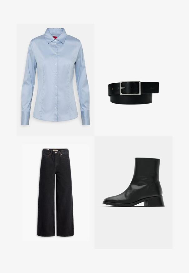 Lichtblauw button-up shirt van gladde stof, met een klassieke kraag, lange mouwen en een rechte pasvorm met subtiele stikseldetails.; Zwarte brede jeans gemaakt van denim, met vijf zakken, koperen klinknagels en een klassieke knoopsluiting. Glad van textuur met een strakke uitstraling.; Zwarte enkelboot van glanzend leer, met een slank ontwerp, spitse neus en een gematigde blokhak voor stabiliteit.; Zwarte leren riem met zilveren rechthoekige gesp en meerdere verstelgaten, plat gelegd op een witte achtergrond.