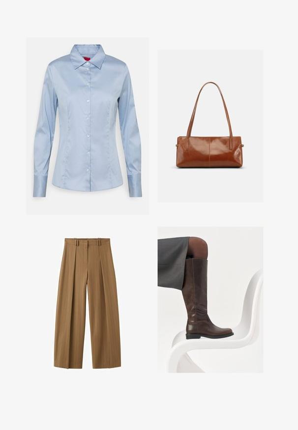 Lichtblauw button-up shirt van gladde stof, met een klassieke kraag, lange mouwen en een rechte pasvorm met subtiele stikseldetails.; Brunette hoge taille wijde broek met subtiele krijtstrepen, plooien aan de voorkant, lussen voor een riem en een verborgen rits aan de voorkant.; Bruine leren knie-hoge laars met een ronde neus, een soepele textuur en minimale stikseldetails, tegen een lichte achtergrond op een witte stoel.; Rechthoekige bruine leren handtas met twee lange schouderriemen, een gladde glanzende afwerking en een minimalistisch ontwerp op een effen achtergrond.