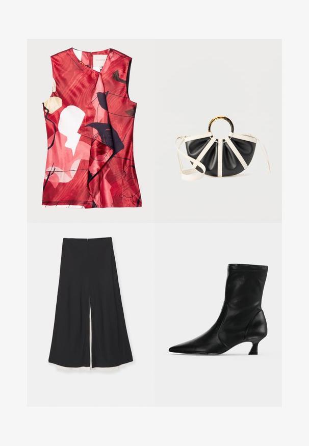 Rode satijnen top met abstracte bloempatronen in zwart en crème. Heeft een wikkelontwerp en is zonder mouwen, met een ritssluiting aan de achterkant.; Zwarte broek met wijde pijpen en een split aan de voorkant, met een gladde textuur en een contrasterende witte voering aan de zoom. Achtersluiting met rits.; Zwarte leren midkuitlaars met spitse neus en lage kittenhak, zijaanzicht op een effen lichte achtergrond.; Zwart-witte halfronde handtas met plooien, een ronde handvat in schildpadmotief en goud, en een wit verstelbare schouderriem.