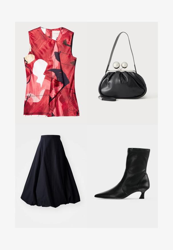 Top de satén rojo con patrones florales abstractos en negro y crema. Presenta un diseño envolvente y un corte sin mangas, con un cierre de cremallera en la parte posterior.; By Malene Birger AUBREY - Falda larga - black; Bota negra de cuero hasta media pantorrilla con puntera puntiaguda y tacón bajo tipo kitten, vista de lado sobre un fondo claro y liso.; Bolso de mano de cuero negro con diseño fruncido, una sola correa, marco metálico plateado y dos cierres grandes redondos de plata.