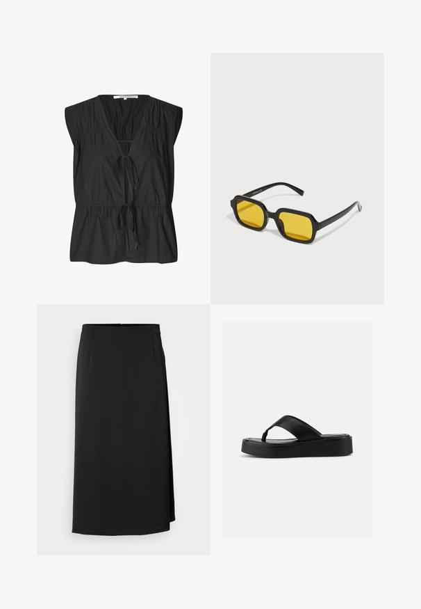 Second Female FELIXA - Bluse - black; Sort, knælang nederdel lavet af struktureret stof, med lynlås lukning og subtile plisseringer i taljen for form.; Sort platform flip-flop sandal med bred læderrem og polstret sål, vist i sideprofil på en ensfarvet lys baggrund.; Sorte rektangulære solbriller med gule linser. Funktioner inkluderer tykke stel og kantet design med en glat, blank finish.