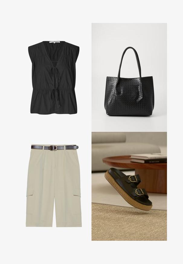Second Female FELIXA - Blouse - black; Shorts cargo beige avec une coupe décontractée, dotés de deux poches latérales et d'une ceinture marron avec une boucle ronde, texture de tissu lisse.; Sandale noire à enfiler avec deux boucles dorées réglables et semelle plateforme tissée sur un tapis beige devant une table en bois avec des livres.; Sac de tote en cuir tressé noir avec deux poignées, forme structurée et finition légèrement brillante sur un fond clair.