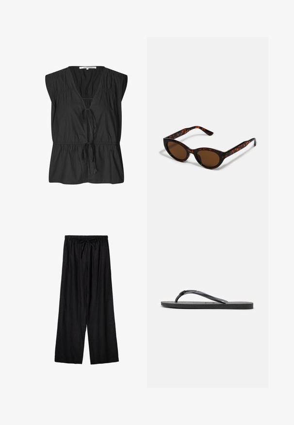 Second Female FELIXA - Bluse - black; Schwarze, weit geschnittene Hose mit elastischem Bund und vorderem Kordelzug, aus leichtem Stoff gefertigt.; Schwarze Gummizehensandale mit strukturierter Sohle und Y-förmigem Riemen, seitlich auf weißem Hintergrund dargestellt.; Braune Schildpatt-Sonnenbrille mit einer Vintage-Cat-Eye-Form und braunen Gläsern. Verfügt über gebogene Bügel mit roten Akzenten.
