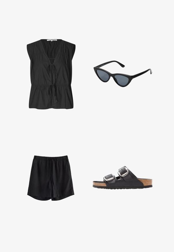 Second Female FELIXA - Bluse - black; Schwarze Freizeithose mit elastischem Bund, verstellbarem Kordelzug und Seitentaschen auf weißem Hintergrund.; Schwarze Sandale mit zwei verstellbaren Riemen, silbernen Schnallen und einem Korkfußbett auf einer strukturierten schwarzen Gummisohle.; Schwarze Cat-Eye-Sonnenbrille mit dunkelgrauen Gläsern, schlankem Kunststoffrahmen, spitzen Ecken und geraden Bügeln. Keine sichtbaren Befestigungen oder Akzente.