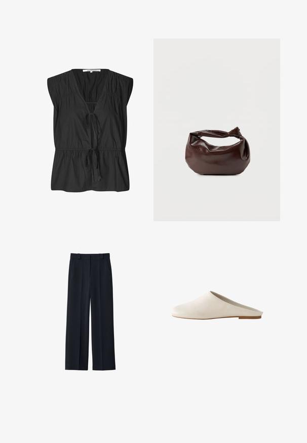 Second Female FELIXA - Blouse - black; Marineblauwe wijde broekspijpen gemaakt van een soepel stof; beschikt over een tailleband, riemlussen en zijzakken; minimalistisch ontwerp zonder patronen.; Laaggehakte slip-on mule van glad off-white leer met gesloten neus en open achterkant, op een platte lichtebruine zool.; Donkerbruine leren schoudertas met een zachte, slungelige vorm en een gedraaide knoopvormige handgreep op een effen witte achtergrond.