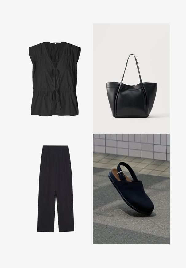 Second Female FELIXA - Bluse - black; Schwarze, weit geschnittene Hosen aus einem glatten Material, mit Falten, einem flachen Bund und ohne sichtbare Taschen oder Verzierungen.; Schwarzer geschlossener Slingback-Schuh mit silberner Schnallenriemen, brauner Innensohle, schwebend über grauem Asphalt mit gefliestem Wandhintergrund.; Schwarze Ledertasche mit zwei langen Henkeln und einem leicht gebogenen oberen Rand, vor einem schlichten hellen Hintergrund präsentiert.