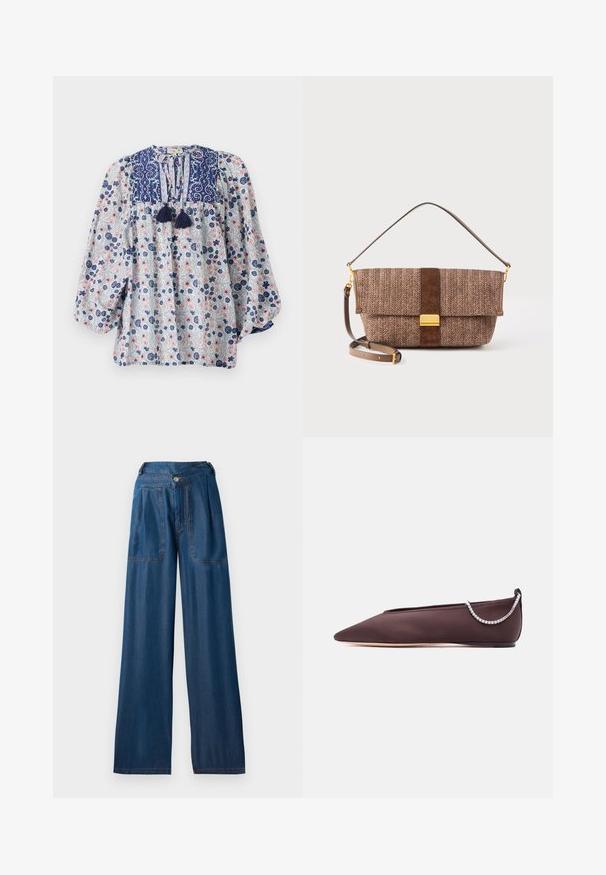 Bloemmotief blouse in blauw, wit en roze met een gespleten halslijn, franjes en volumineuze lange mouwen. Katoenen stof.; Donkerblauwe wijde jeans van denim, met twee voorzakken, een knoopsluiting en contrasterende oranje stiksels.; Donkerbruine platte schoen met puntige neus, lage hak en een zilveren rijglin met strassteentjes aan de achterkant.; Bruine handtas met visgraatmotief en suède accenten, gouden beslag, afneembare schouderriem en een klep met overslag als sluiting.
