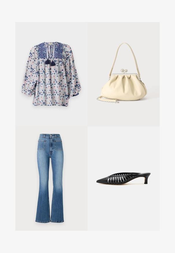Bloemmotief blouse in blauw, wit en roze met een gespleten halslijn, franjes en volumineuze lange mouwen. Katoenen stof.; Uitlopers van blauwe denim jeans met een hoge taille, voorzien van twee achterzakken en een vervaagde was. De zoom is gestikt met een subtiel ontwerp.; Zwarte leren mule met puntige neus, riemdesign met uitsnijdingen en lage kittenhiel op een witte achtergrond.; Crèmekleurige zachte leren handtas met geplooid ontwerp, zilveren frame sluiting, korte handgreep en een afneembare kettingriem.