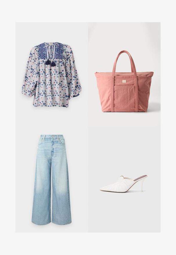 Bloemmotief blouse in blauw, wit en roze met een gespleten halslijn, franjes en volumineuze lange mouwen. Katoenen stof.; rag & bone MIRAMAR SOFIE ANKLE - Wide leg - meadow blue; Witte mules met een puntige neus, geplooide textuur op het bovenwerk en een slanke naaldhak. Gladde oppervlakte en minimalistisch ontwerp.; Grote zachte roze stoffen tas met twee hengsels en een voorvak, tegen een effen lichte achtergrond.