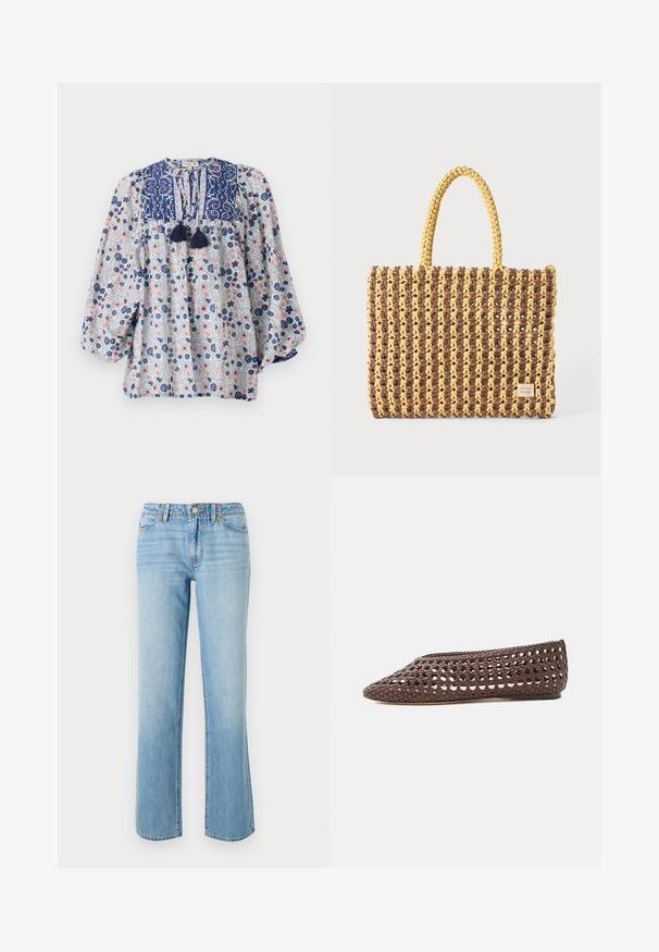 Blouse à motif floral en bleu, blanc et rose avec un décolleté fendu, des détails à franges et des manches longues volumineuses. Tissu en coton.; RE/DONE THE SANASA - Jean boyfriend - media noche; Chaussure plate marron avec un motif ajouré tissé et un bout rond fermé, vue de profil sur un fond clair.; Sac tissé marron et jaune, de forme rectangulaire, avec deux poignées, et une finition texturée avec des coutures visibles et une étiquette de marque.