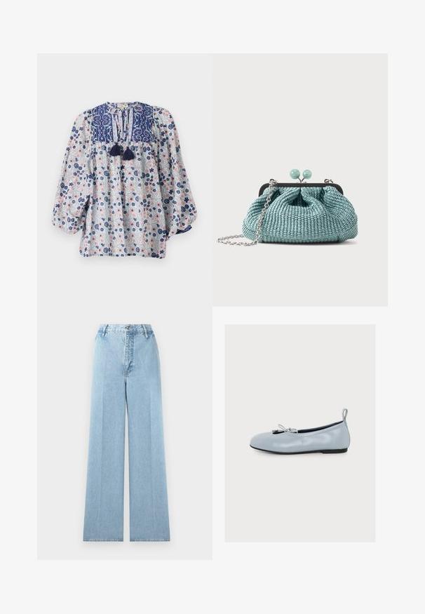 Bloemmotief blouse in blauw, wit en roze met een gespleten halslijn, franjes en volumineuze lange mouwen. Katoenen stof.; Lichtblauwe wijde jeans gemaakt van denim met een hoge taille, voorzien van vijf riemlussen, een voorknopsluiting en gestikte naden.; Lichtblauwe leren ballerina met een klein strikje bovenop en een trekkoord bij de hiel, zijaanzicht op een witte achtergrond.; Kleine lichtblauwe geweven clutch met een zilveren kettingriem en rond kliksysteem bovenop.
