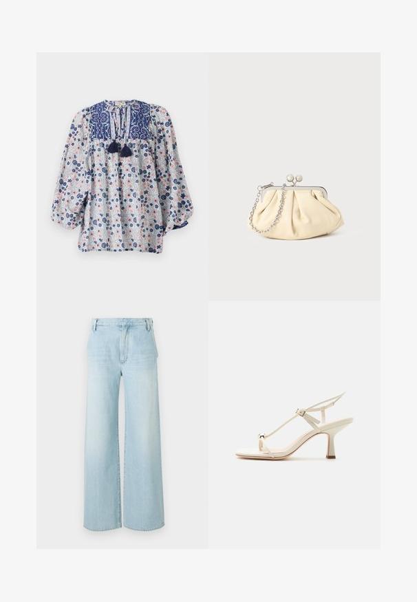 Bloemmotief blouse in blauw, wit en roze met een gespleten halslijn, franjes en volumineuze lange mouwen. Katoenen stof.; Lichtblauwe wijde spijkerbroek van denim. Heeft een hoge taille, een vijf-pocket ontwerp en subtiele vervaging met een schone zoom.; Beige hoge hak sandaal met dunne bandjes, een verstelbare gesp, teenringdetail en een taps toelopende blokhak op een vlakke ondergrond.; Geplooide beige leren clutch met een zilveren metalen frame, voorzien van twee ronde decoratieve sluitingen en een zilveren kettingriem.