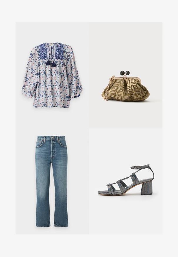 Blomstermønstret bluse i blå, hvid og pink med en delt halsudskæring, frynse detaljer og voluminøse lange ærmer. Cotton stof.; Lyseblå denimjeans med høj talje, lige ben-design og subtil falming. Har klassisk fem-lomme-stil og metalknaplukning.; Mansur Gavriel DAY DREAM - Sandaler - glitter; Lille clutch taske med gyldent og sort geometrisk mønster, guldfarvet metalramme, sort kuglelås og en kort guldkæde som rem.