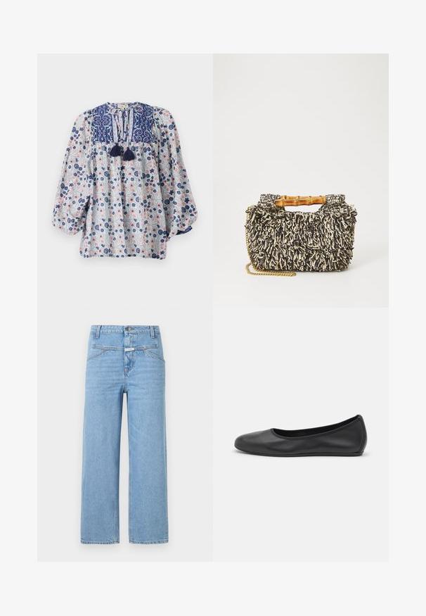 Bloemmotief blouse in blauw, wit en roze met een gespleten halslijn, franjes en volumineuze lange mouwen. Katoenen stof.; CLOSED STOVER - Relaxed fit jeans - light blue; Zwarte leren ballerina met een ronde neus, gladde textuur, minimale stikdetails en een flexibele zoolontwerp.; Geweven tas met een gestructureerd zwart-en-crème patroon, bamboe handvat en een afneembare gouden kettingriem. Compacte rechthoekige vorm.