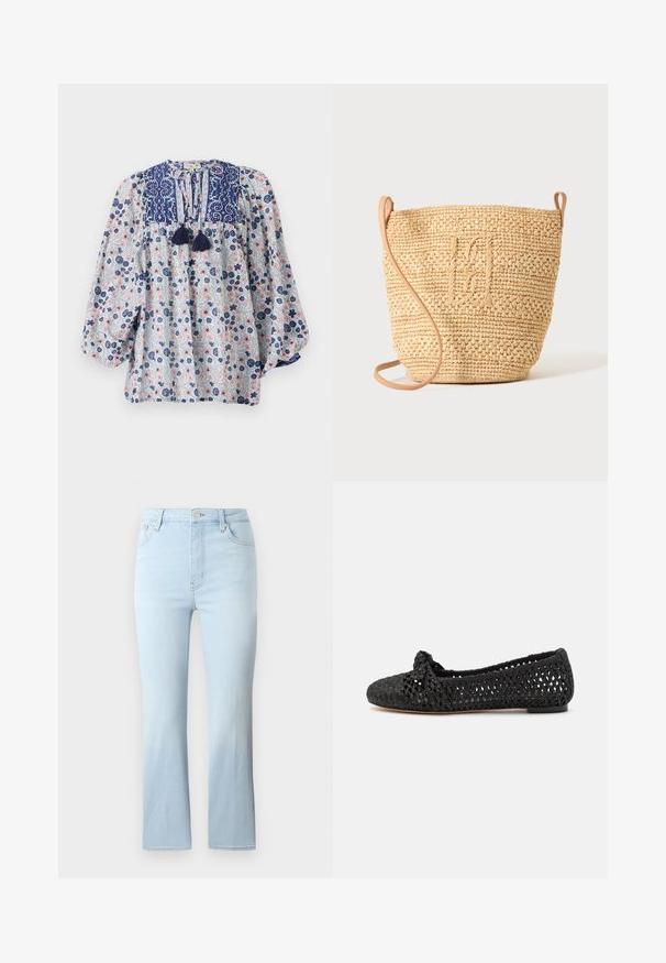Blomstermønstret bluse i blå, hvid og pink med en delt halsudskæring, frynse detaljer og voluminøse lange ærmer. Cotton stof.; FRAME THE REBOOT CROP - Jeans Bootcut - light blue; Sort flad sko med vævet tekstiloverdel, der har en knyttet detalje på tæerne. Glat sål, rund tåform og åbent vævemønster.; Vævet stråbuckettaske med struktureret mønster og læderrem, vist oprejst på en ensfarvet lys baggrund.