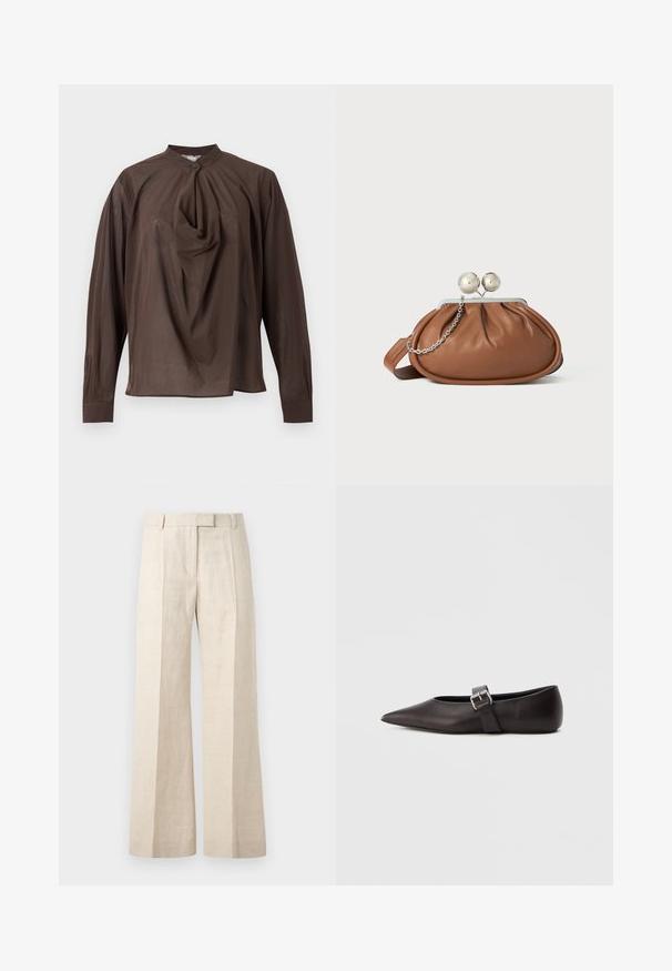 Blouse marron à manches longues avec un col montant, un bouton unique à l'avant et un détail de tissu drapé au centre devant.; Pantalon beige taille haute à jambes droites avec plis devant, passants pour ceinture et fermeture avant dissimulée.; Chaussure plate en cuir noir à bout pointu avec une fine lanière et une boucle métallique sur le côté. Texture lisse avec un design minimaliste.; Pochette en cuir marron avec un fermoir à boule en argent et un petit détail en chaîne argentée sur fond blanc.