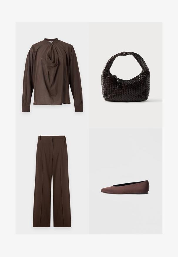 Blouse marron à manches longues avec un col montant, un bouton unique à l'avant et un détail de tissu drapé au centre devant.; Pantalon taille haute marron foncé à jambes larges, avec plis sur le devant, passants pour ceinture et fermeture éclair dissimulée à l'avant.; Ballerines en tissu marron avec un bout pointu et une texture lisse, dotées d'un talon bas et d'une fine semelle noire. Aucune motif ni élément métallique visible.; Sac à main en cuir tressé de couleur brun foncé, de forme arrondie avec une poignée épaisse et tressée. Dispose d'une fermeture éclair et d'un logo discret sur le côté.