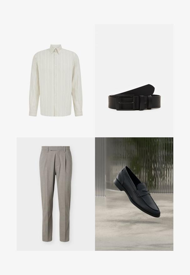 Chemise crème à manches longues avec de fines rayures noires verticales, boutonnée à l'avant, col pointu et poignets boutonnés.; Pantalon gris clair sur mesure à jambes droites, passants pour ceinture, plis avant et taille nette sur fond blanc.; Mocassin en cuir noir à finition lisse, bout pointu et détails cousus sur le dessus. Talon bas et design minimaliste.; Ceinture en cuir noir roulée avec une boucle en métal rectangulaire noir mat et deux passants sur fond blanc.