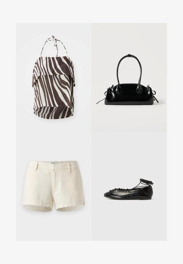 Braun- und cremefarbenes Off-Shoulder-Oberteil mit Zebrastreifenmuster, aus leichtem Stoff gefertigt, mit verstellbaren Bindegurten und ausgestellt geschnittenem Saum.; Helle beige Shorts aus Leinen. Mit flachem Bündchen, Fronttaschen und einem sauberen Saum. Einfaches, minimalistisches Design.; Schwarze Ballerinas aus Lackleder mit runder Spitze, Schnürdesign und flacher Sohle. Glatte Textur mit minimaler Verzierung.; Kleine schwarze glänzende Handtasche mit zwei langen Griffen und seitlichen Kordelzug-Details vor einfachem hellem Hintergrund.