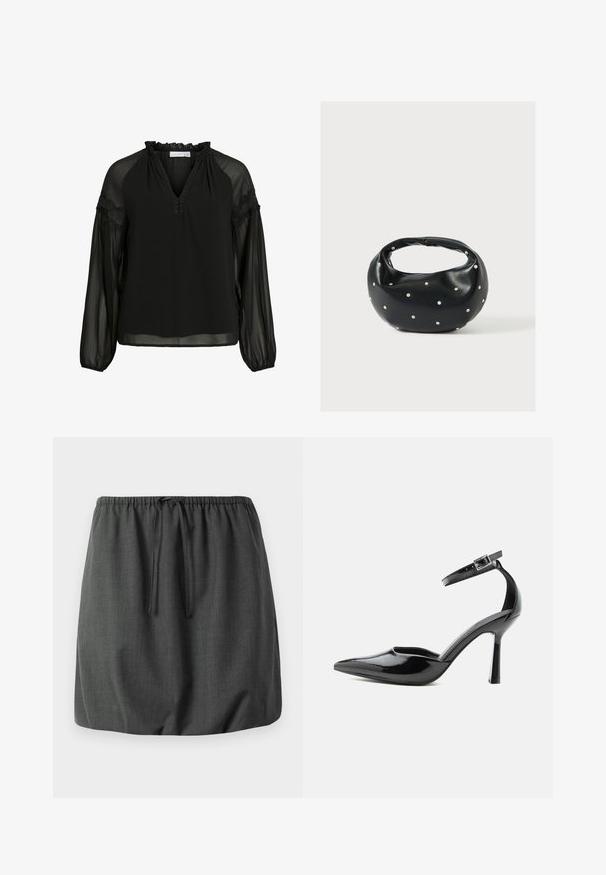 Blusa negra con escote en V, cuello con volantes, mangas largas transparentes y detalles de encaje en los hombros. Tela ligera y fluida.; falda de textura gris oscuro con cintura elástica y cordón. Diseño simple, longitud hasta el muslo, sin patrones ni adornos visibles.; Zapato de tacón alto de charol negro con punta puntiaguda, correa en el tobillo y hebilla plateada, tacón de aguja, vista lateral sobre fondo liso.; Bolso de mano de cuero negro con forma redondeada, decorado con detalles de tachuelas plateadas y un asa corta. Textura lisa y cierre con cremallera.