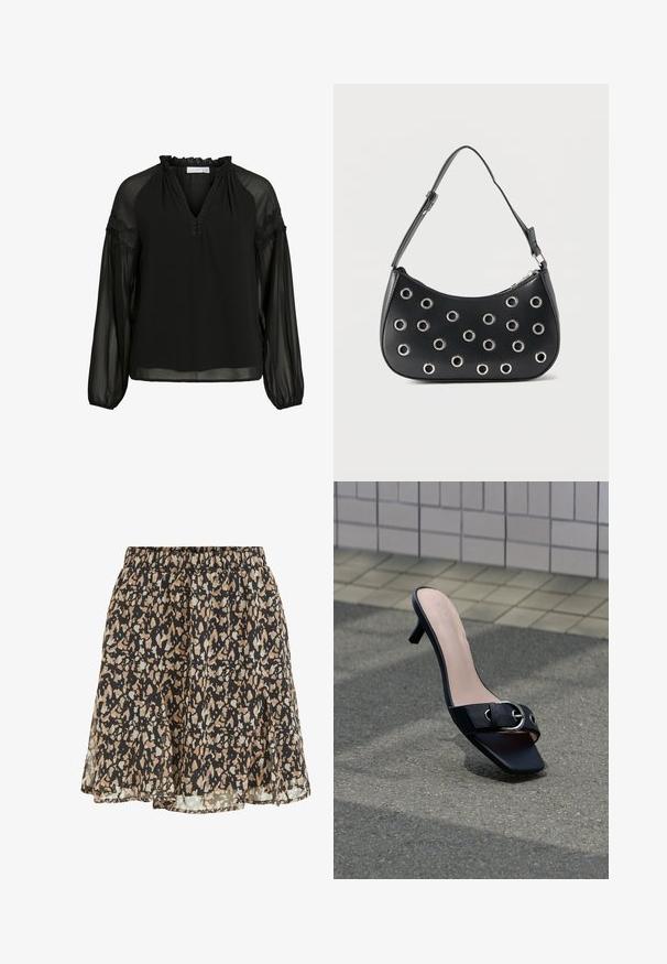 Schwarze Bluse mit V-Ausschnitt, Rüschendetails am Hals, transparenter langer Ärmel und Spitzenakzenten an den Schultern. Leichter, fließender Stoff.; Schwarzer Rock mit beigen und hellgrauen unregelmäßigen Flecken, elastischem Bund und einem fließenden, leicht ausgestellten Saum.; Schwarze Mule-Sandalette mit Absatz und quadratischer Spitze, silberne Schnalle am Riemen, auf Asphalt neben einer gefliesten Wand platziert.; Schwarze Lederschultertasche mit verstellbarem Riemen, ausgestattet mit silbernen Metallösenverzierungen und einem Reißverschluss an der Oberseite.