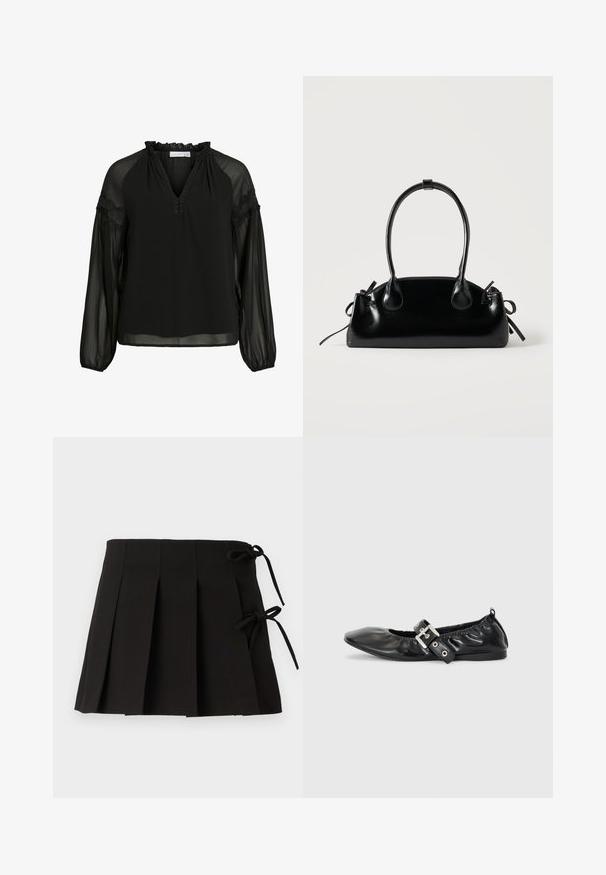 Schwarze Bluse mit V-Ausschnitt, Rüschendetails am Hals, transparenter langer Ärmel und Spitzenakzenten an den Schultern. Leichter, fließender Stoff.; Schwarzer, gefalteter Rock mit Seitenschnüren, hergestellt aus einem glatten Stoff; verfügt über ein strukturiertes Design und klare Linien.; Schwarze Leder-Ballerinas mit spitzem Zehenbereich, gerafften Details am Schaft und einem silbernen Schnallenakzent am verstellbaren Riemen.; Kleine schwarze glänzende Handtasche mit zwei langen Griffen und seitlichen Kordelzug-Details vor einfachem hellem Hintergrund.